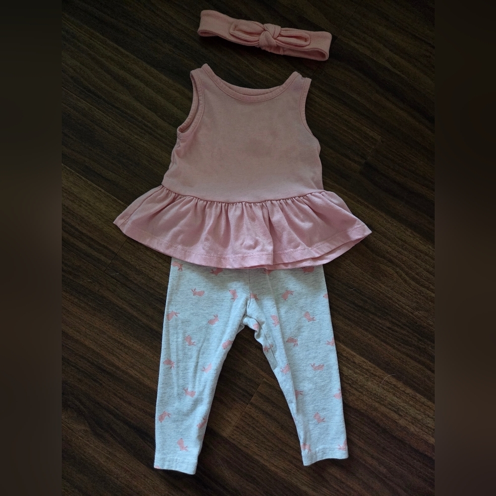 5/$20 Joe Fresh Pink Tank Grey Leggings With Pink Bunnies  Hair Bow Size 6-12M